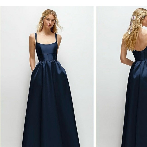 Dessy Collection Dresses & Skirts - Navy Satin A-Line Evening Dress with Square Neck